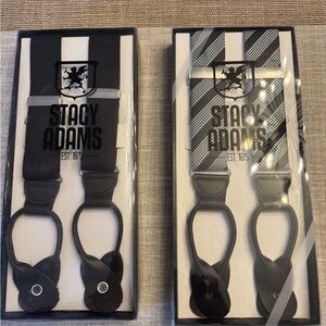 Status Suspenders
2 pair - black solid / black/white stripe
Brand new in box
